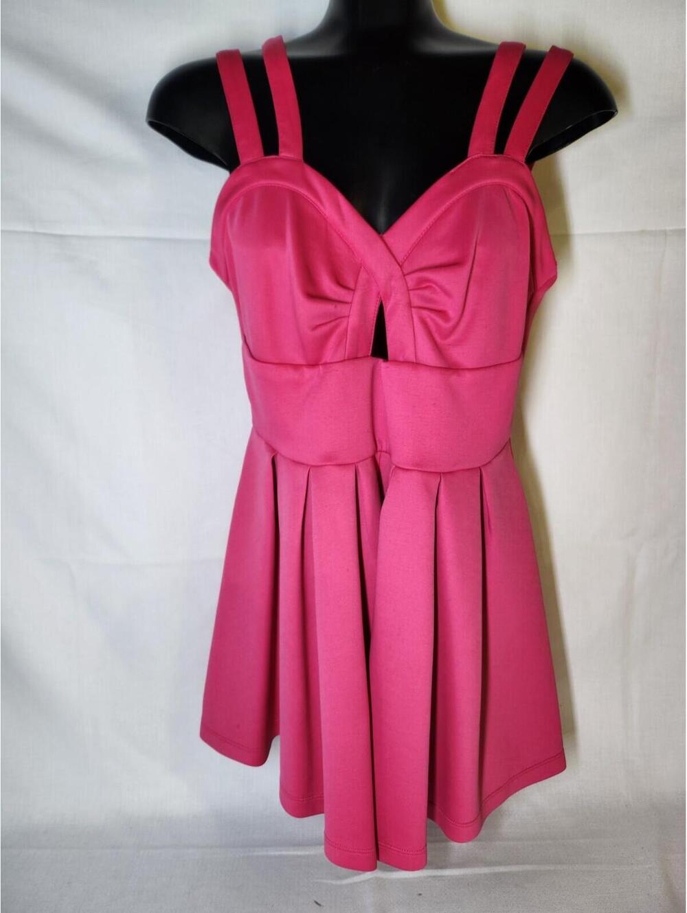 Glam Doll Pink Strappy Fit & Flare Mini Dress L Knit Sweetheart Neck Pleats